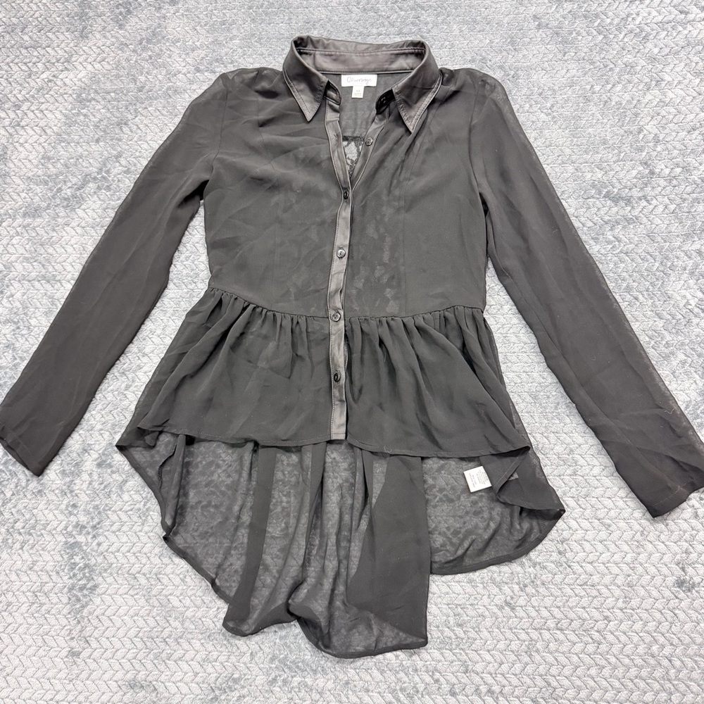 Olsenboye Black Sheer High-Low Peplum Button-Down Blouse Size XS